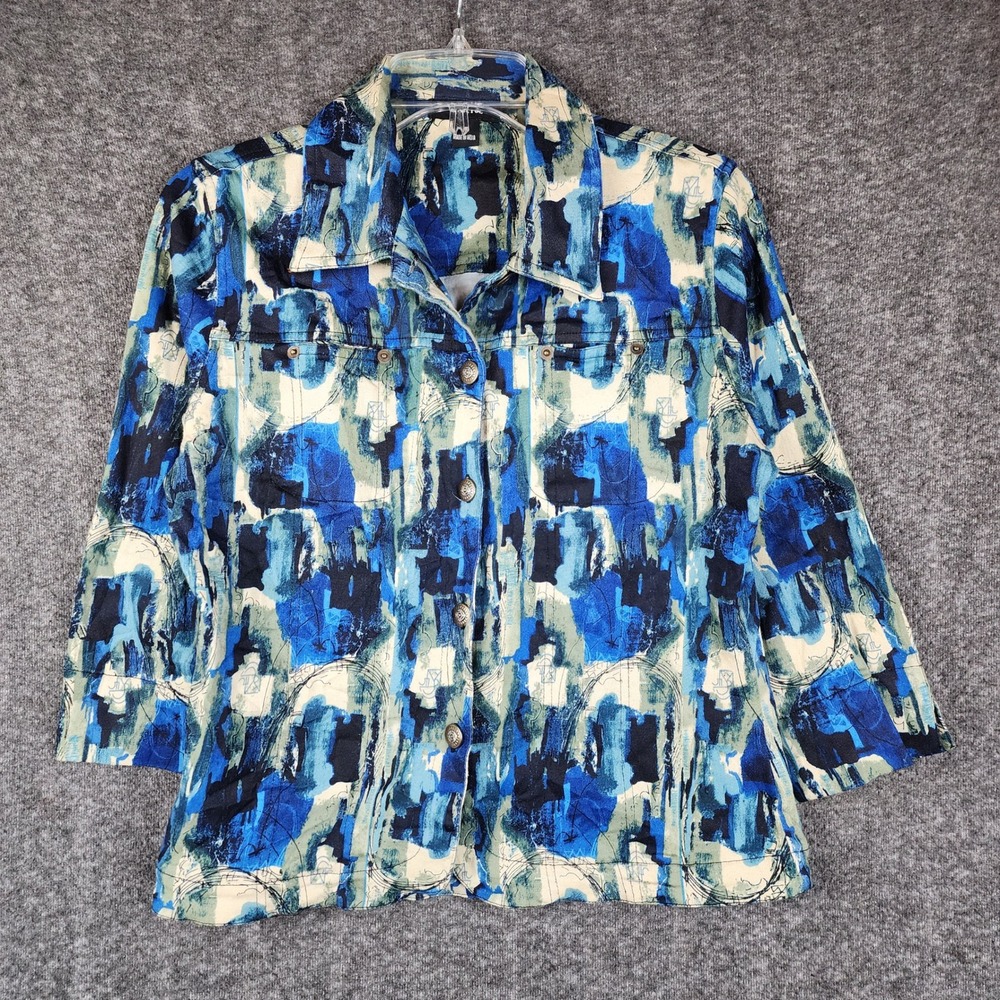 Kaktus Button Front Shirt Women Medium Blue Abstract Print 3/4 Sleeve Collared